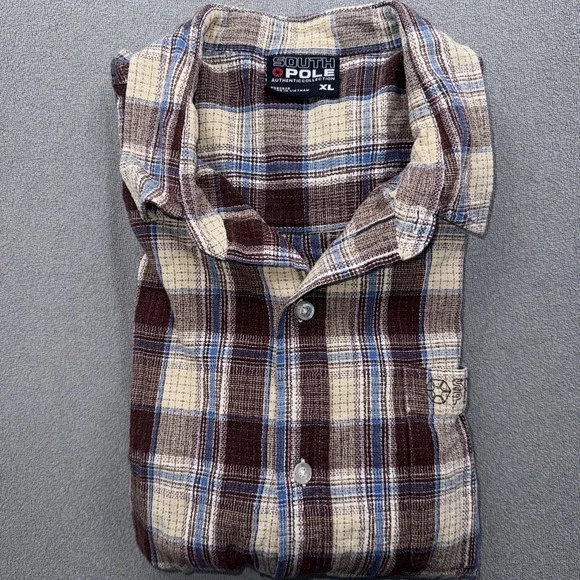 Vtg SouthPole Shirt Mens XL Brown Plaid Flannel Button Down 90s Y2K Hip Hop - Picture 9 of 9